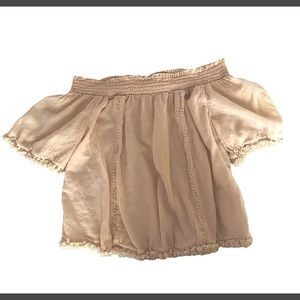 blush colored off the shoulder blouse